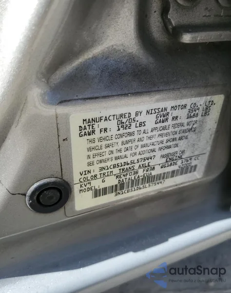 2005 Nissan Sentra 1.8 z USA, uszkodzony, nr VIN 3N1CB51D65L575447